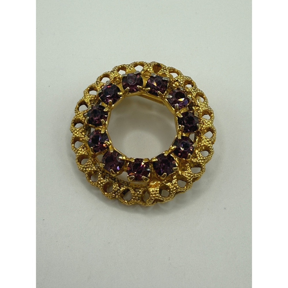 Gold Tone Purple Rhinestone Brooch Vintage Wreath Pin Classic Aesthetic